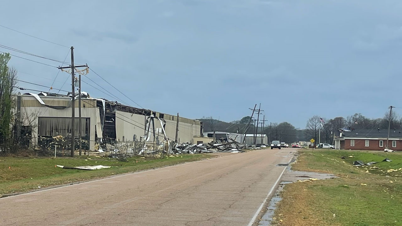 Thunderstorms and a possible tornado caused damage to buidlings and power lines this morning in Elliott, Mississippi.